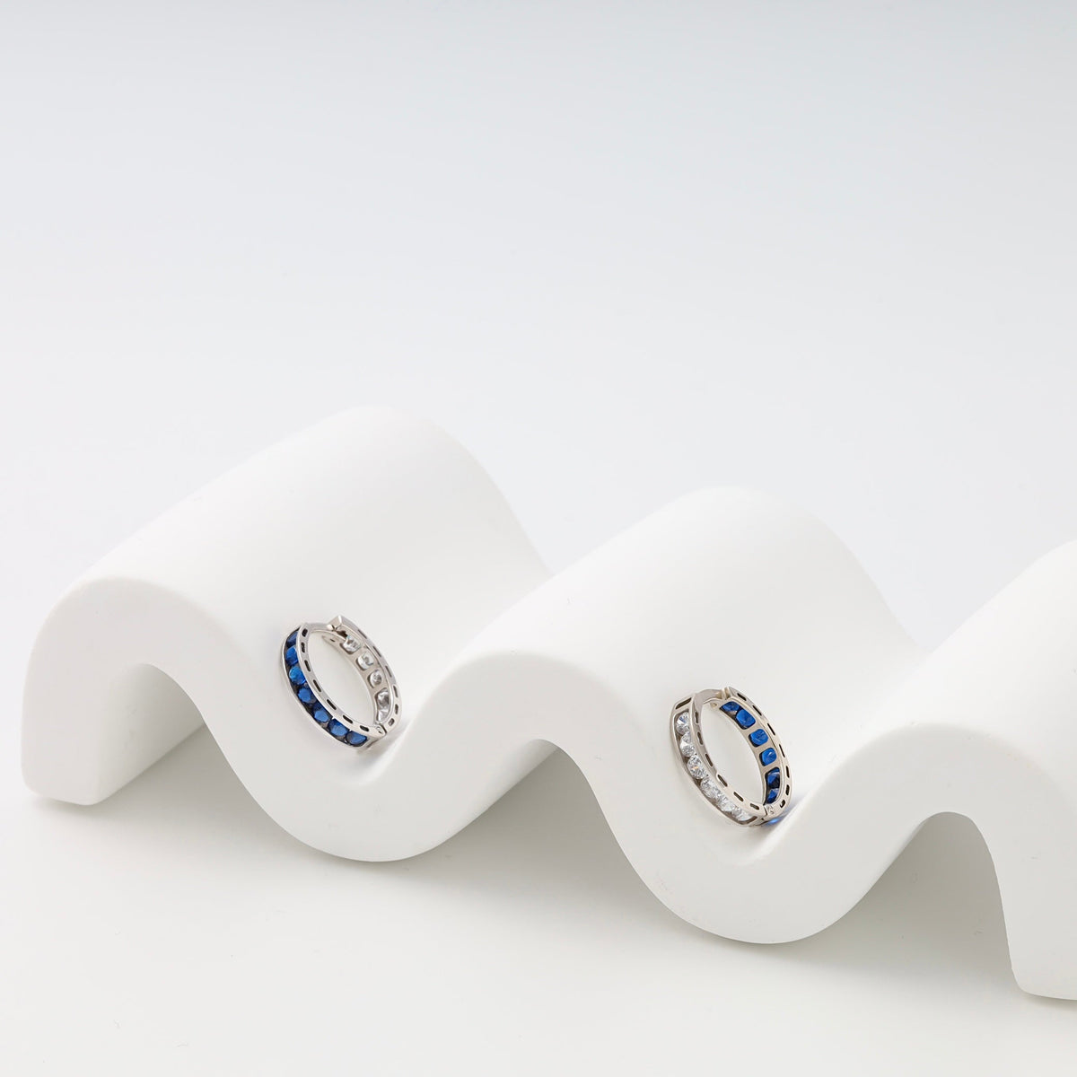 White Gold 585 Huggie Earrings with Blue and White Cubic Zirconia | Ukrainian Jewelry