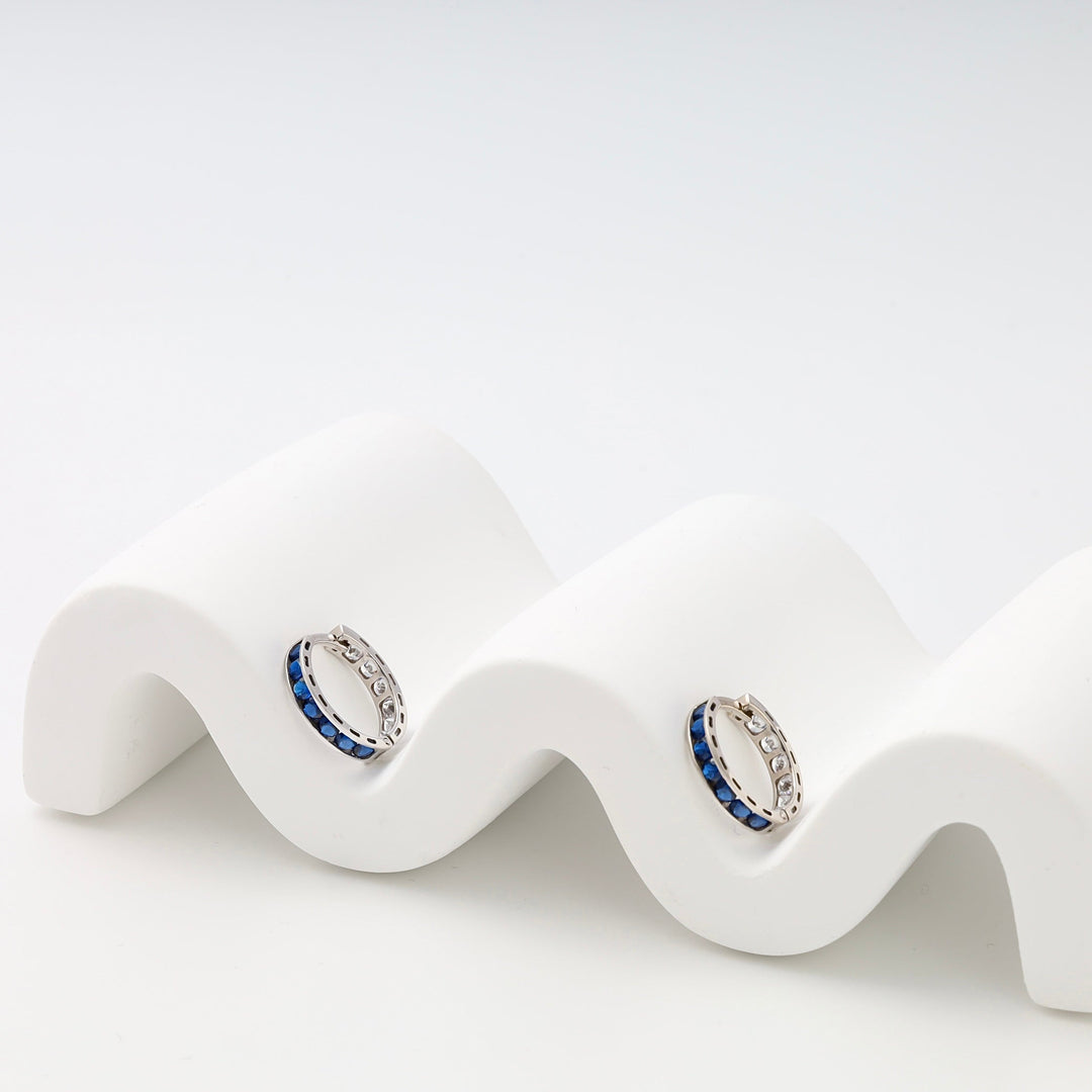 White Gold 585 Huggie Earrings with Blue and White Cubic Zirconia | Ukrainian Jewelry