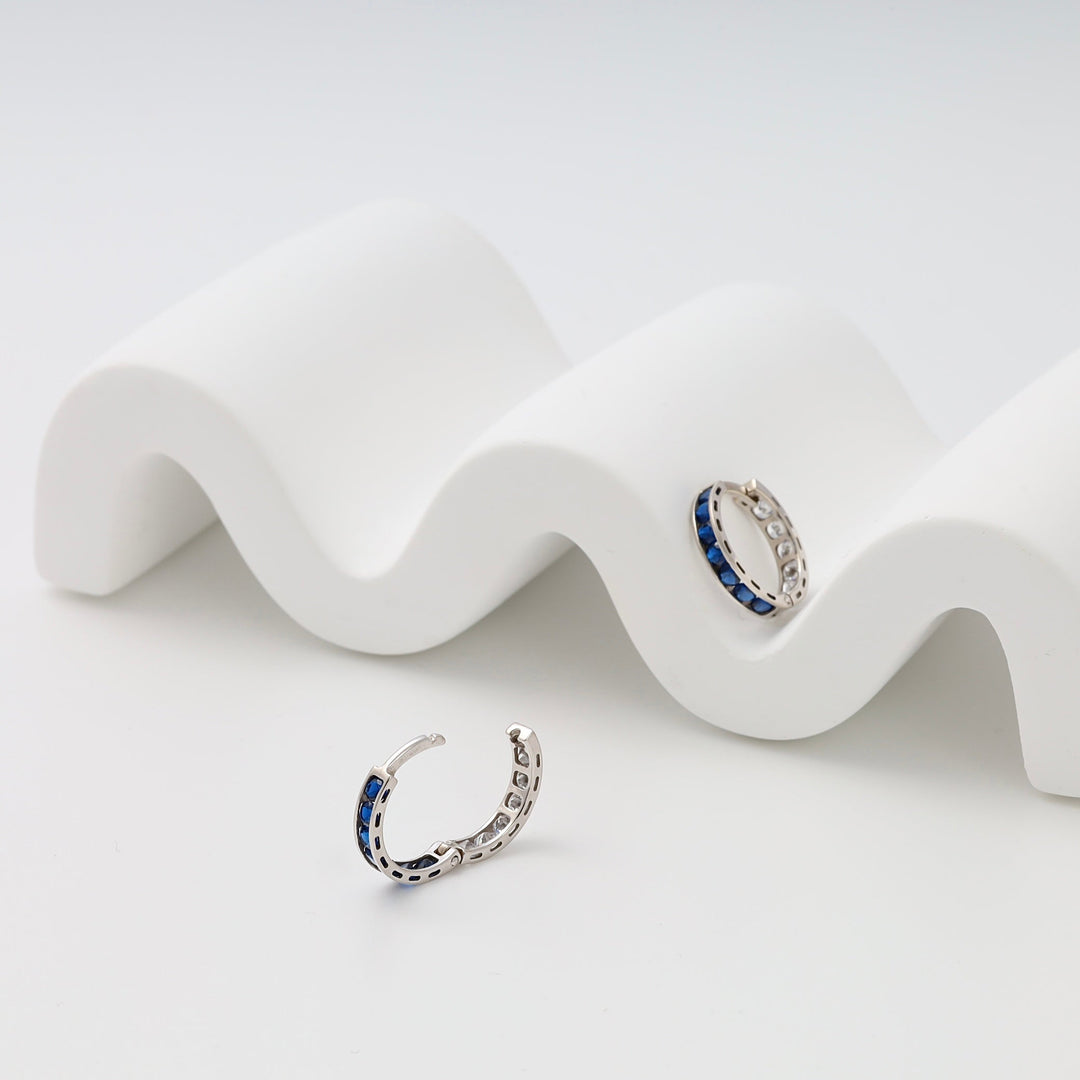 White Gold 585 Huggie Earrings with Blue and White Cubic Zirconia | Ukrainian Jewelry