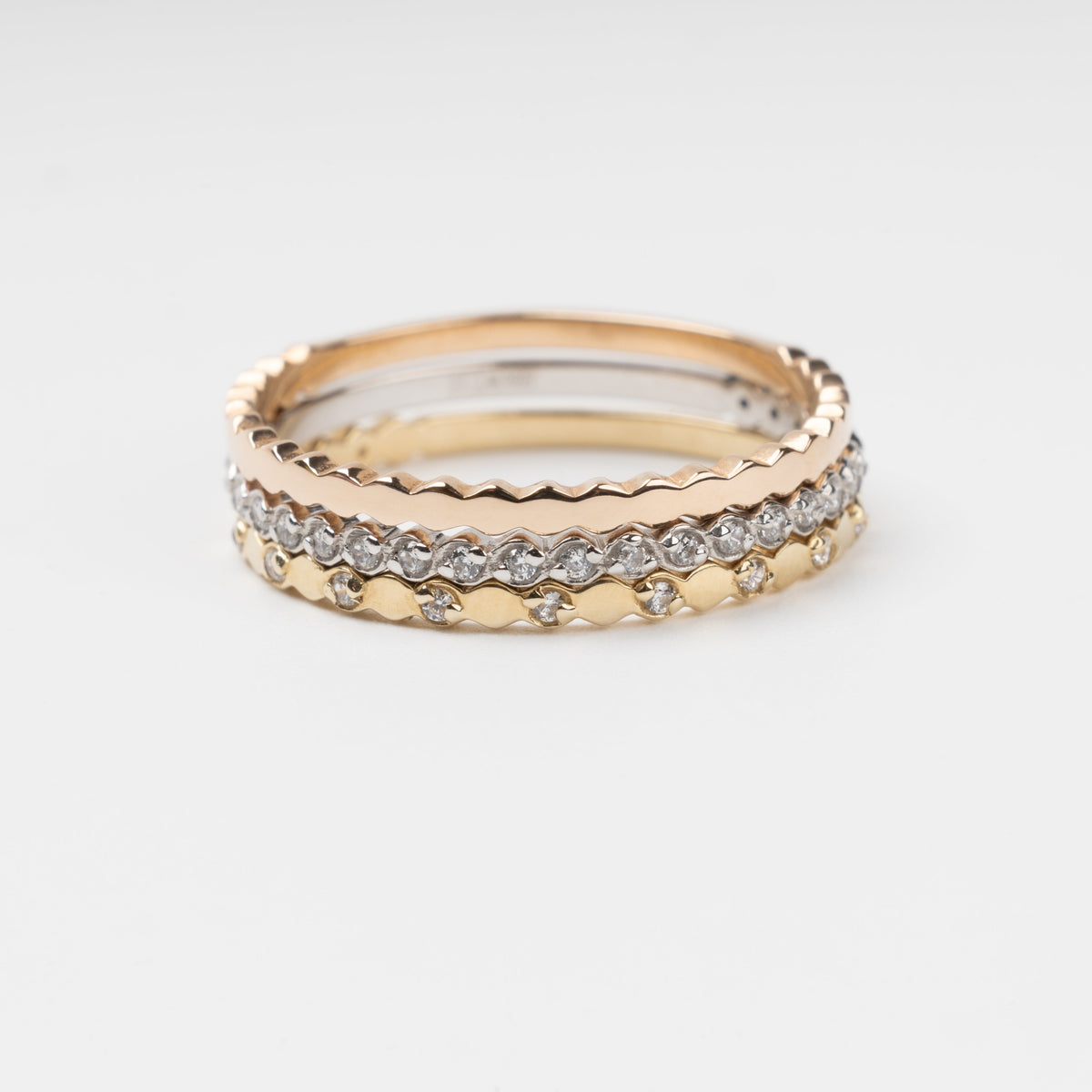 Triple Stackable Ring Set 14K (585) Multi-Tone Gold with Zirconia | Ukrainian Jewelry