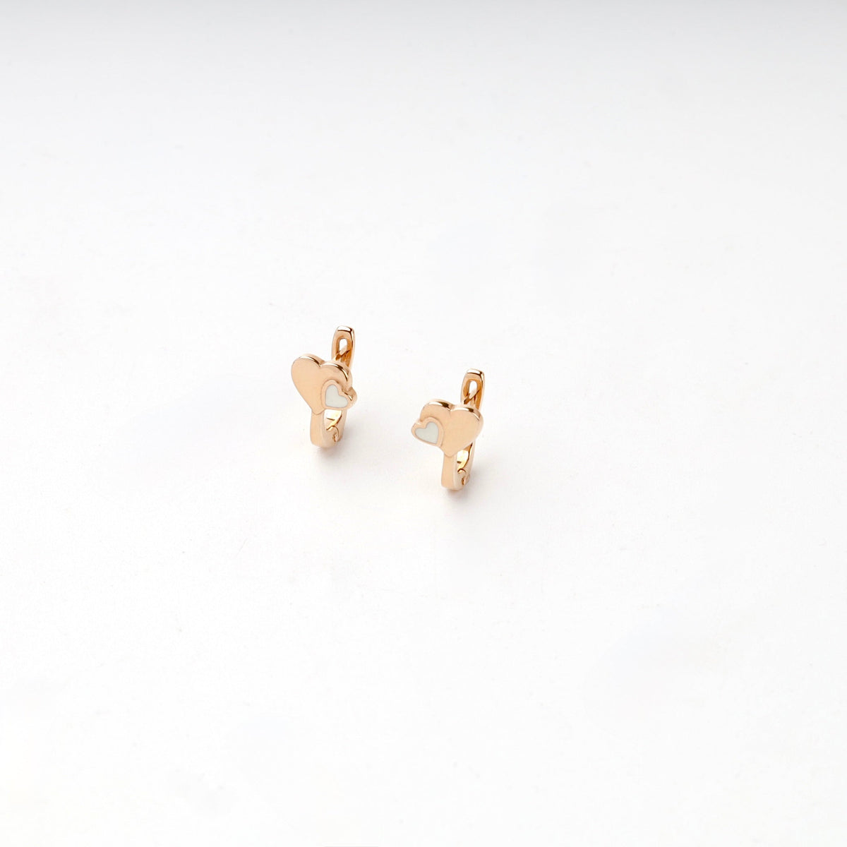 Rose Gold 14K (585) White Enamel Double Heart Kids Earrings | Ukrainian Jewelry