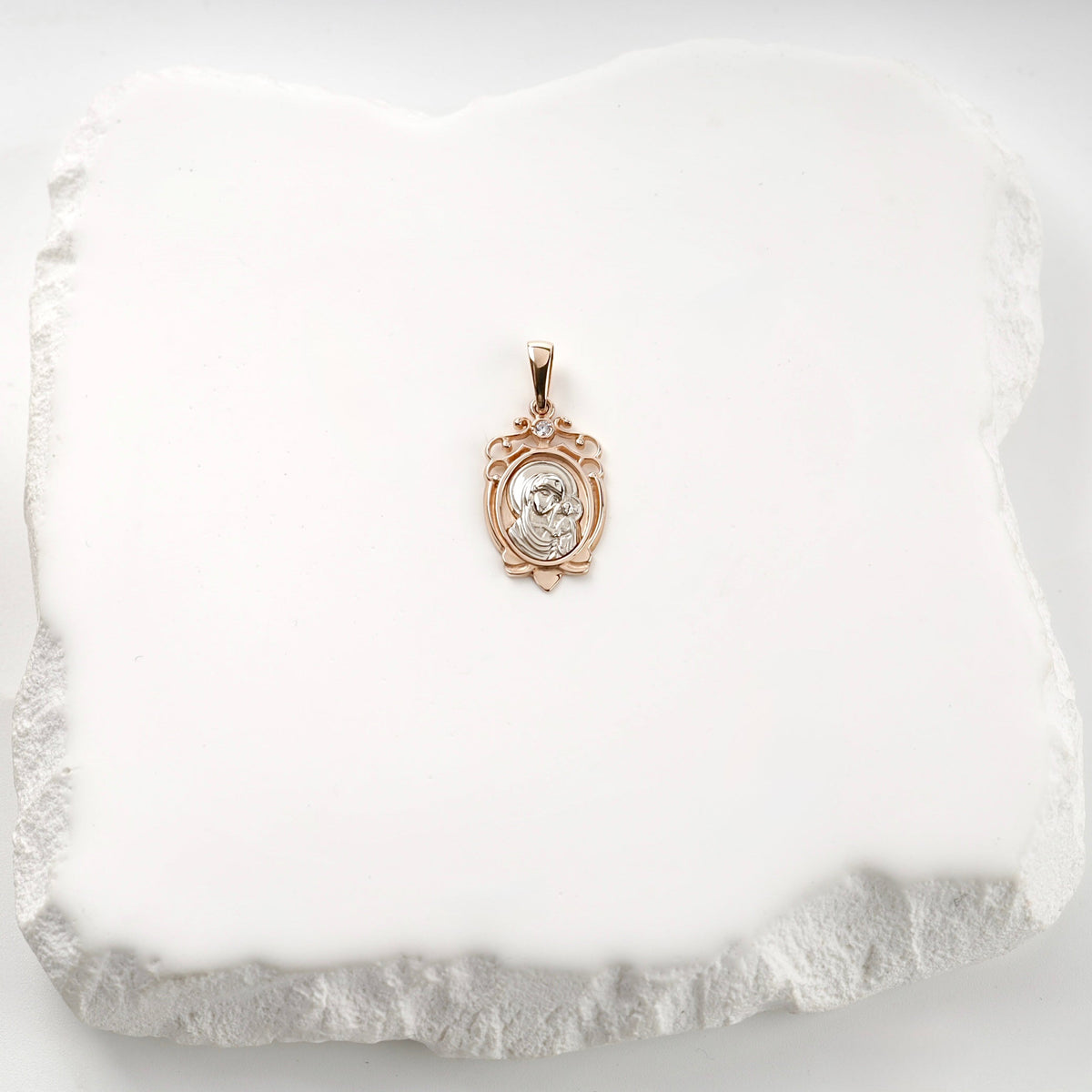 Two-Tone Gold 14K (585) Cubic Zirconia Virgin Mary Icon Pendant | Ukrainian Jewelry