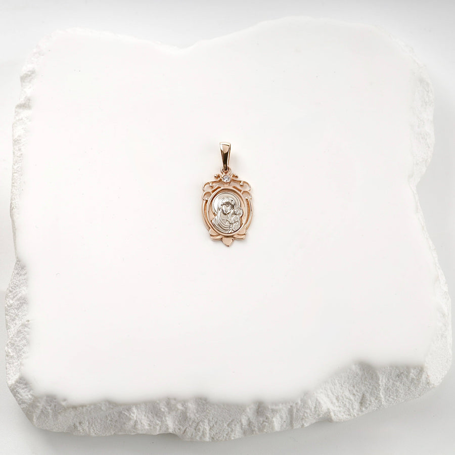 Two-Tone Gold 14K (585) Cubic Zirconia Virgin Mary Icon Pendant | Ukrainian Jewelry