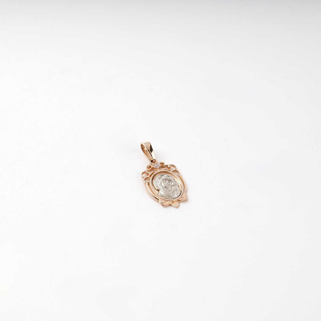 Two-Tone Gold 14K (585) Cubic Zirconia Virgin Mary Icon Pendant | Ukrainian Jewelry