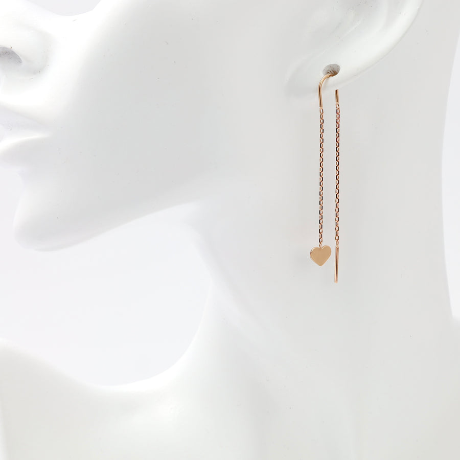 Pair of 14k gold threader earrings with small heart , minimalist Ukrainian Jewelry for women.