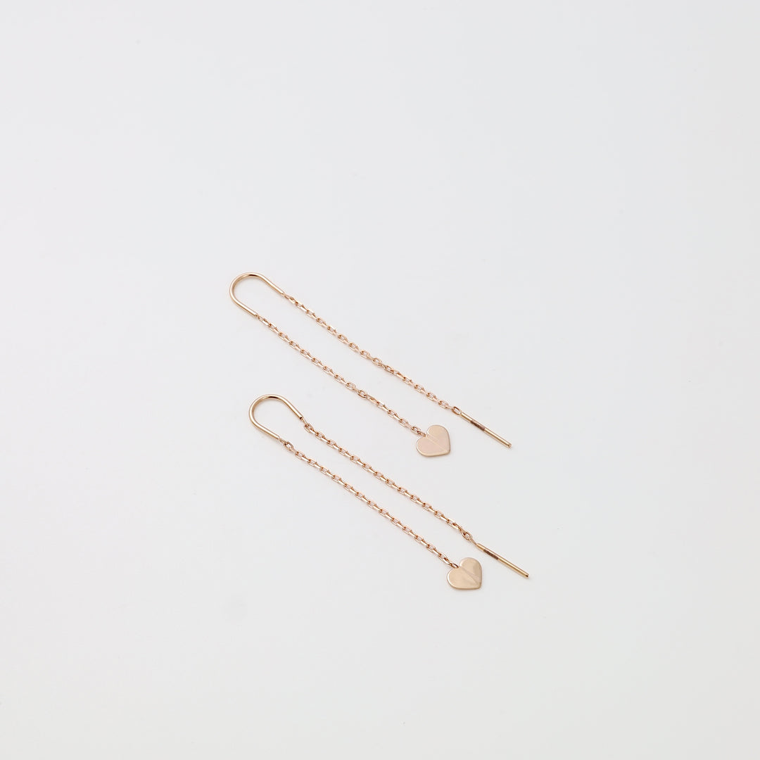 Pair of 14k gold threader earrings with small heart , minimalist Ukrainian Jewelry for women.