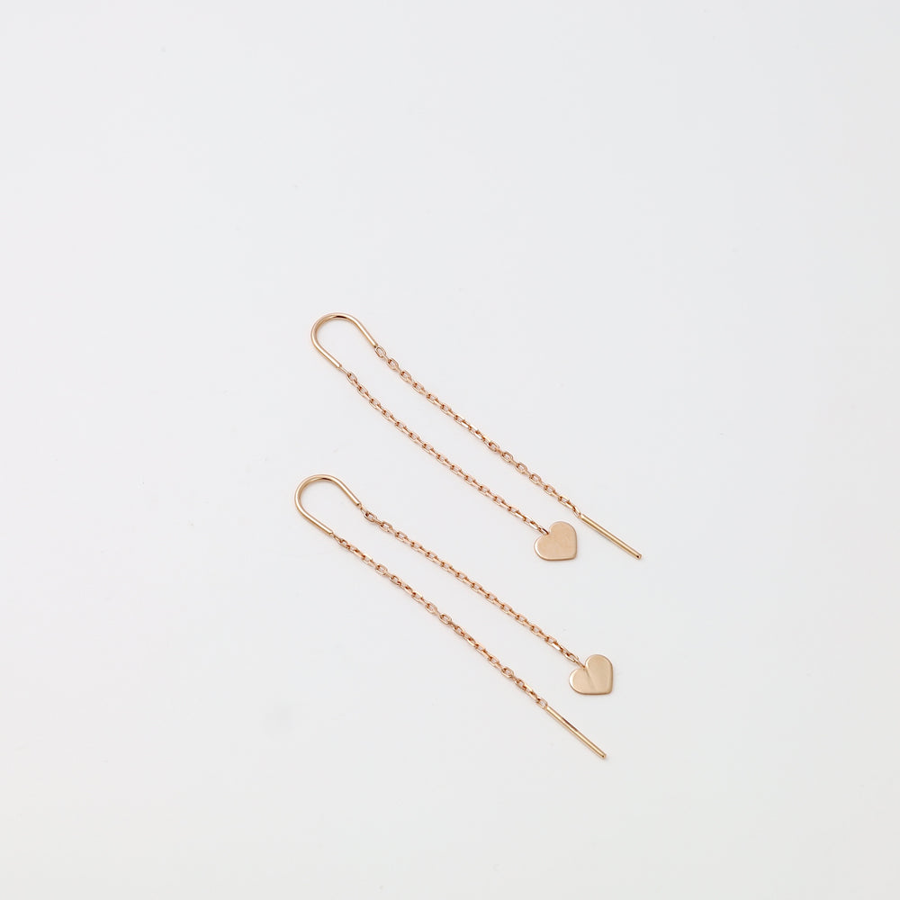 Pair of 14k gold threader earrings with small heart , minimalist Ukrainian Jewelry for women.