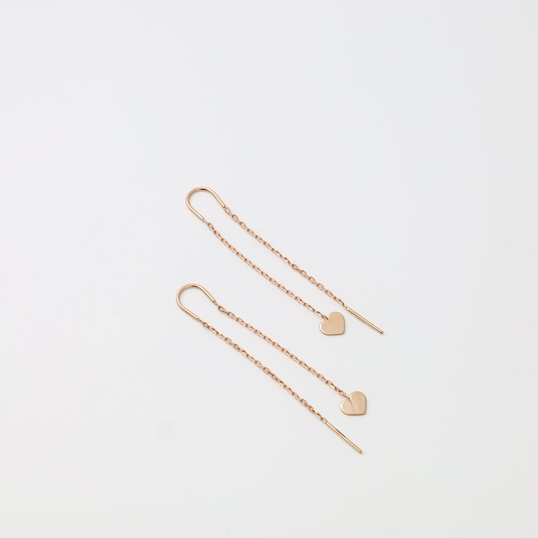 Pair of 14k gold threader earrings with small heart , minimalist Ukrainian Jewelry for women.