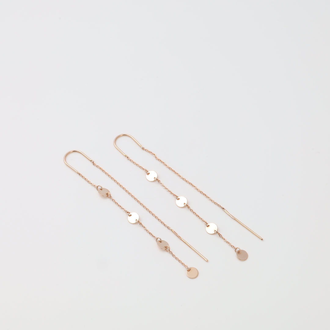 Rose gold threader earrings with flat disc charms 14K 585 | Ukrainian Jewelry