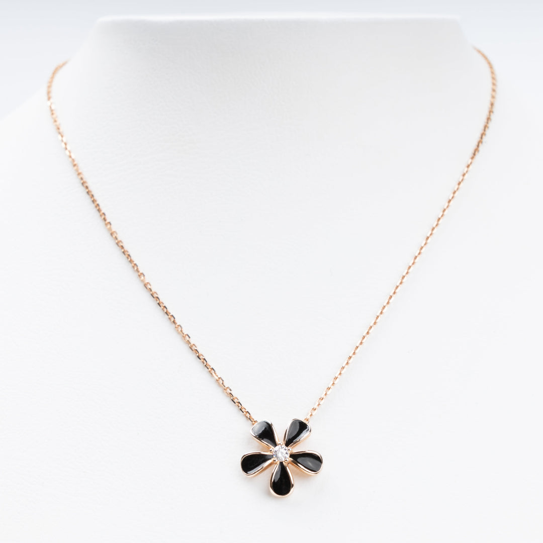 Black Enamel Flower Pendant Necklace 14K (585) Rose Gold | Ukrainian Jewelry