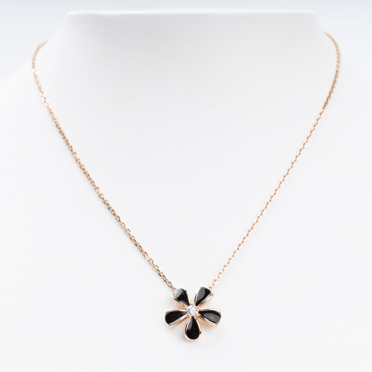 Black Enamel Flower Pendant Necklace 14K (585) Rose Gold | Ukrainian Jewelry