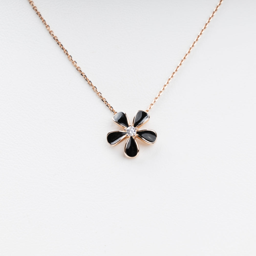Black Enamel Flower Pendant Necklace 14K (585) Rose Gold | Ukrainian Jewelry