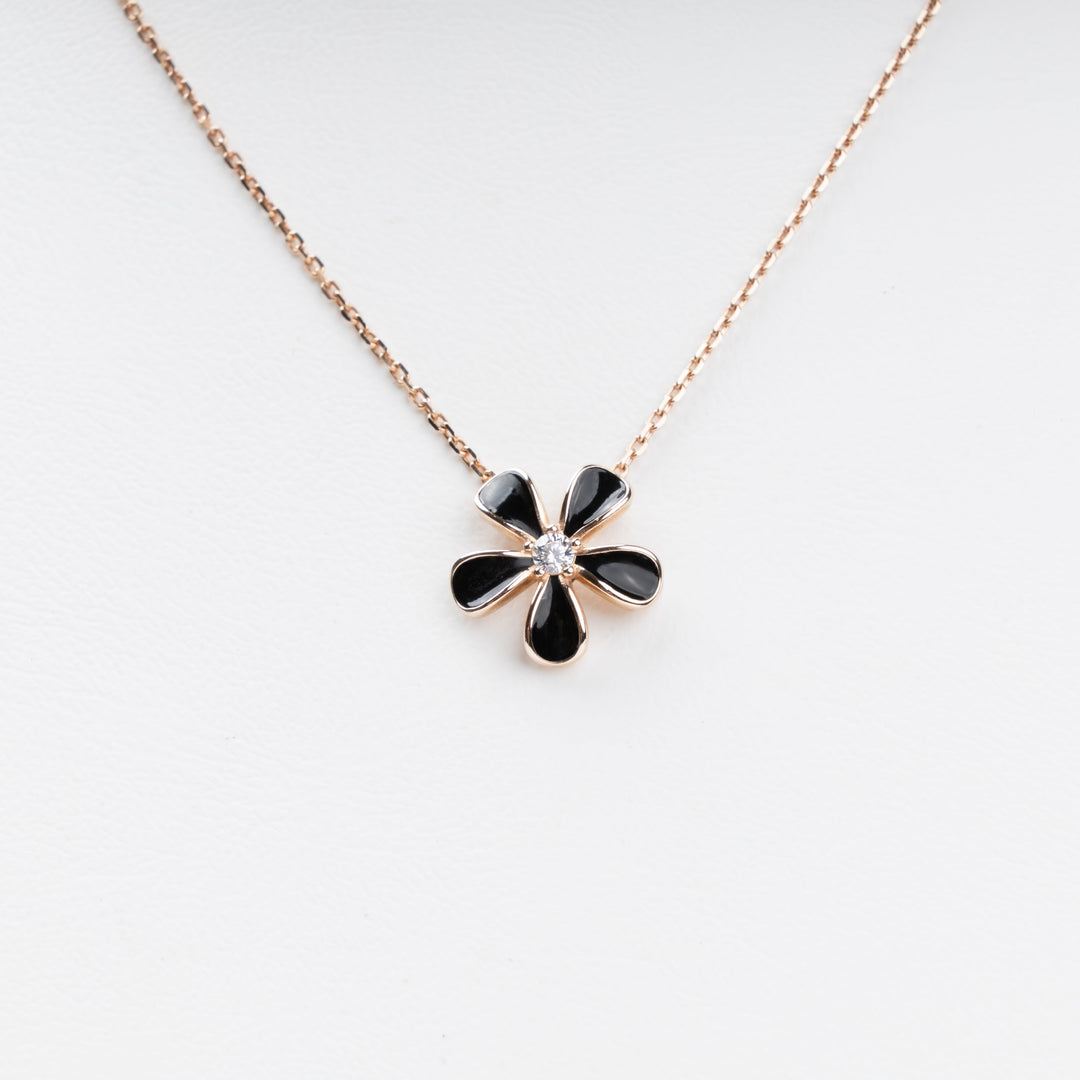 Black Enamel Flower Pendant Necklace 14K (585) Rose Gold | Ukrainian Jewelry
