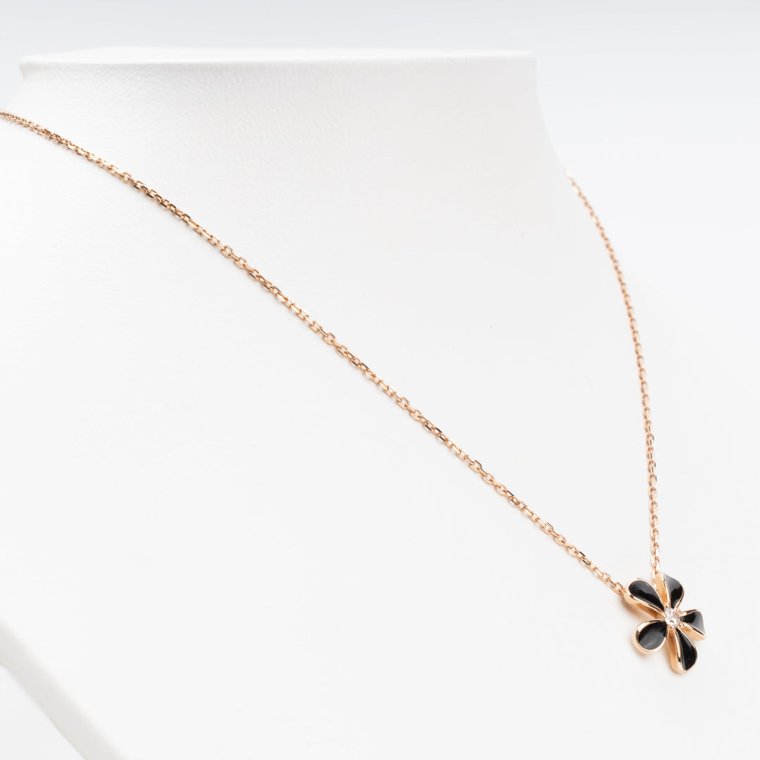 Black Enamel Flower Pendant Necklace 14K (585) Rose Gold | Ukrainian Jewelry