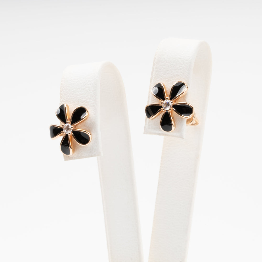 Black Enamel Flower Stud Earrings 14K (585) Rose Gold | Ukrainian Jewelry