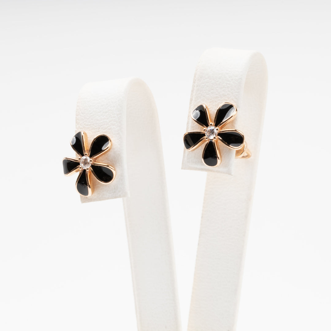 Black Enamel Flower Stud Earrings 14K (585) Rose Gold | Ukrainian Jewelry