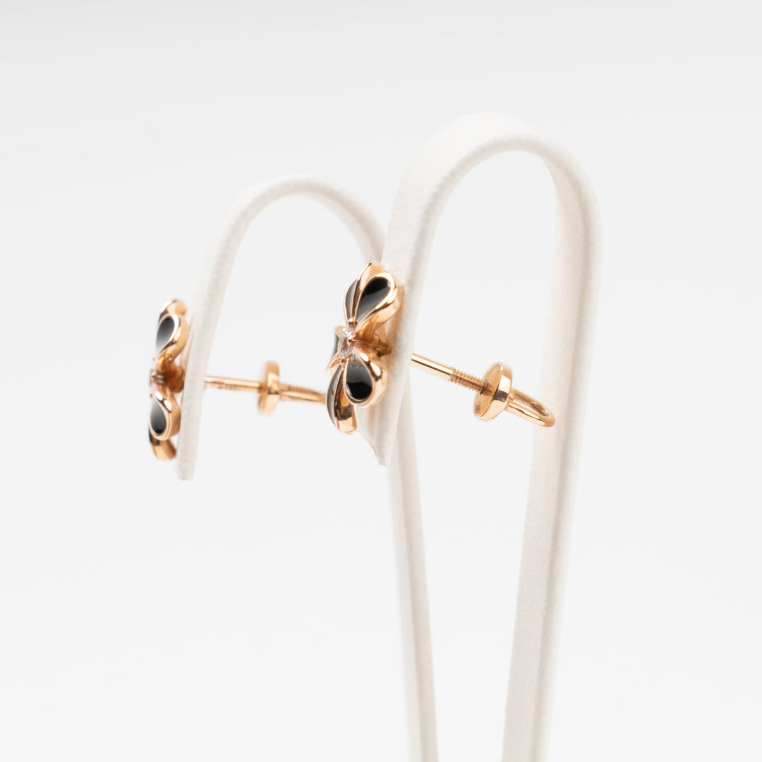Black Enamel Flower Stud Earrings 14K (585) Rose Gold | Ukrainian Jewelry