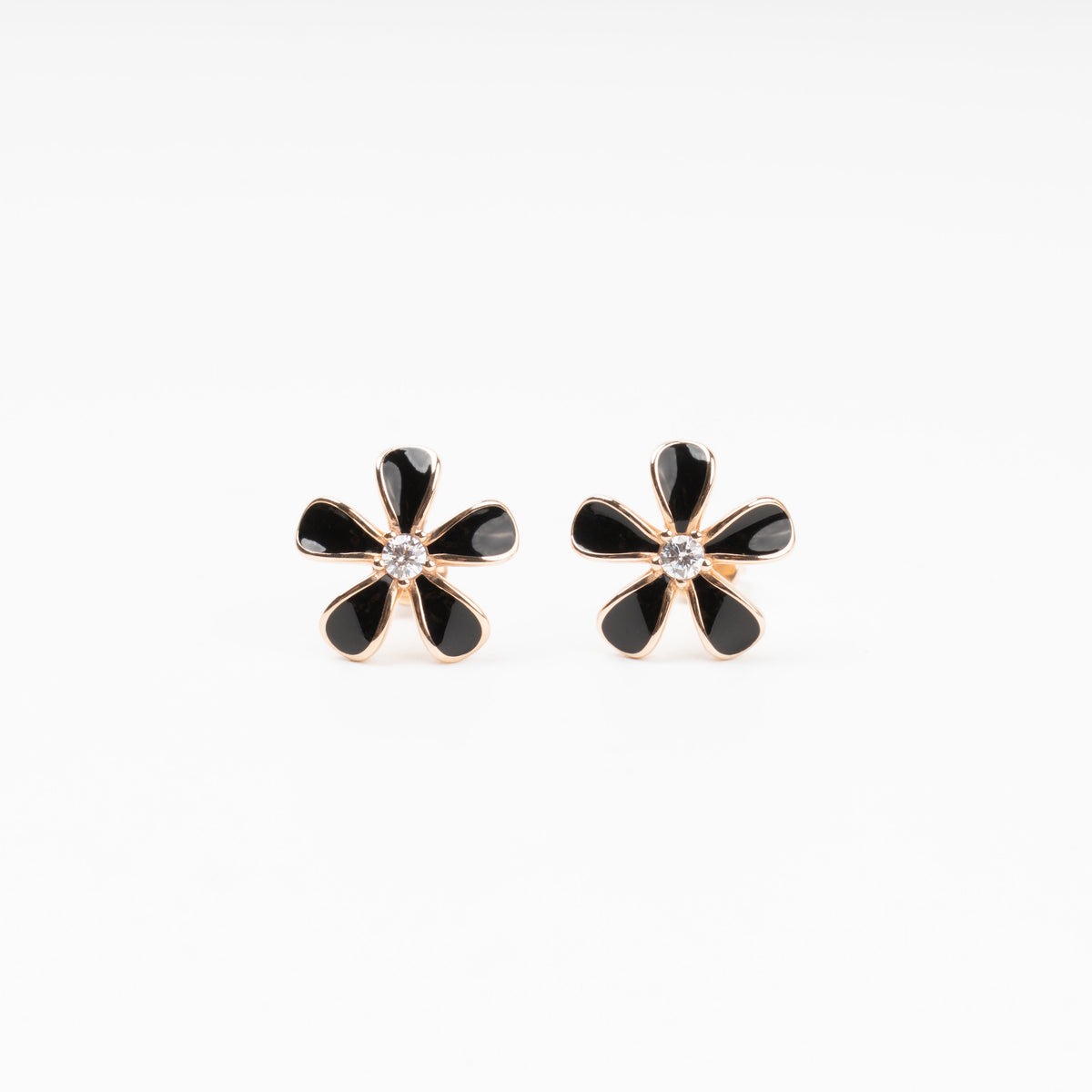 Black Enamel Flower Stud Earrings 14K (585) Rose Gold | Ukrainian Jewelry