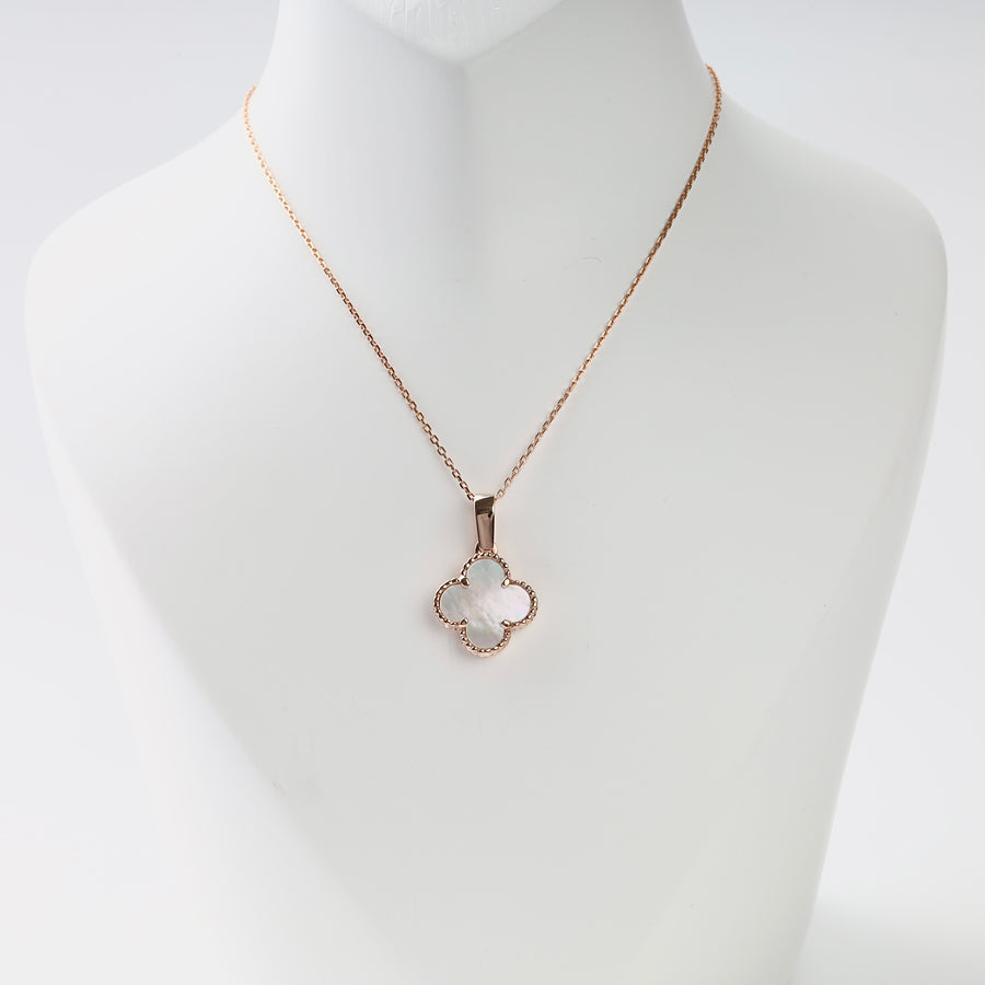 Clover Mother of Pearl Pendant Necklace in 14K Rose Gold — styled on mannequin neckline