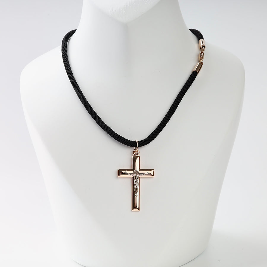 Crucifix Cross Pendant in 14K Rose Gold — bail and back view
