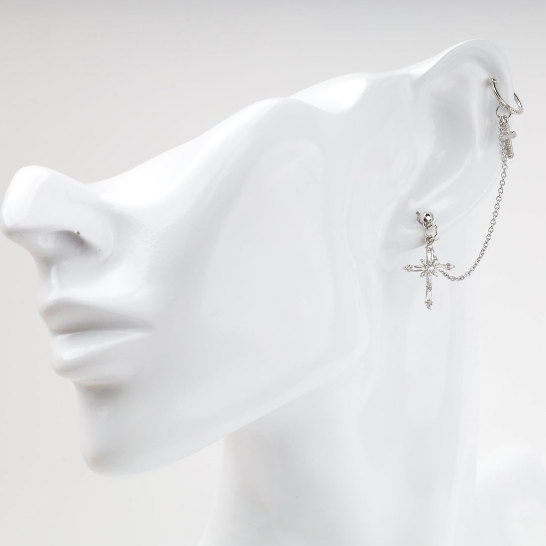 Silver 925 Cross Chain Ear Cuff Earring with Cubic Zirconia | Ukrainian Jewelry