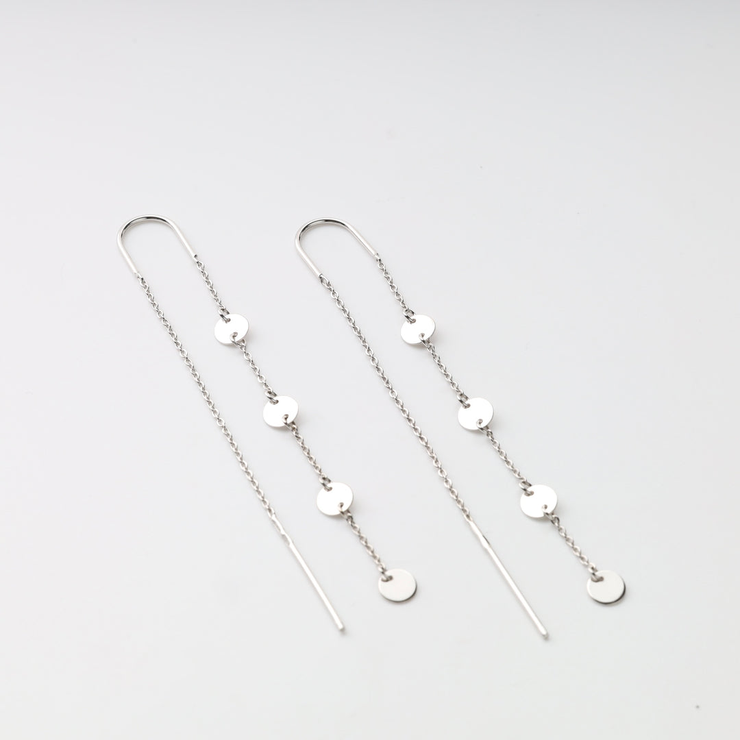 Disc drop threader earrings white gold 585 close up Ukrainian Jewelry