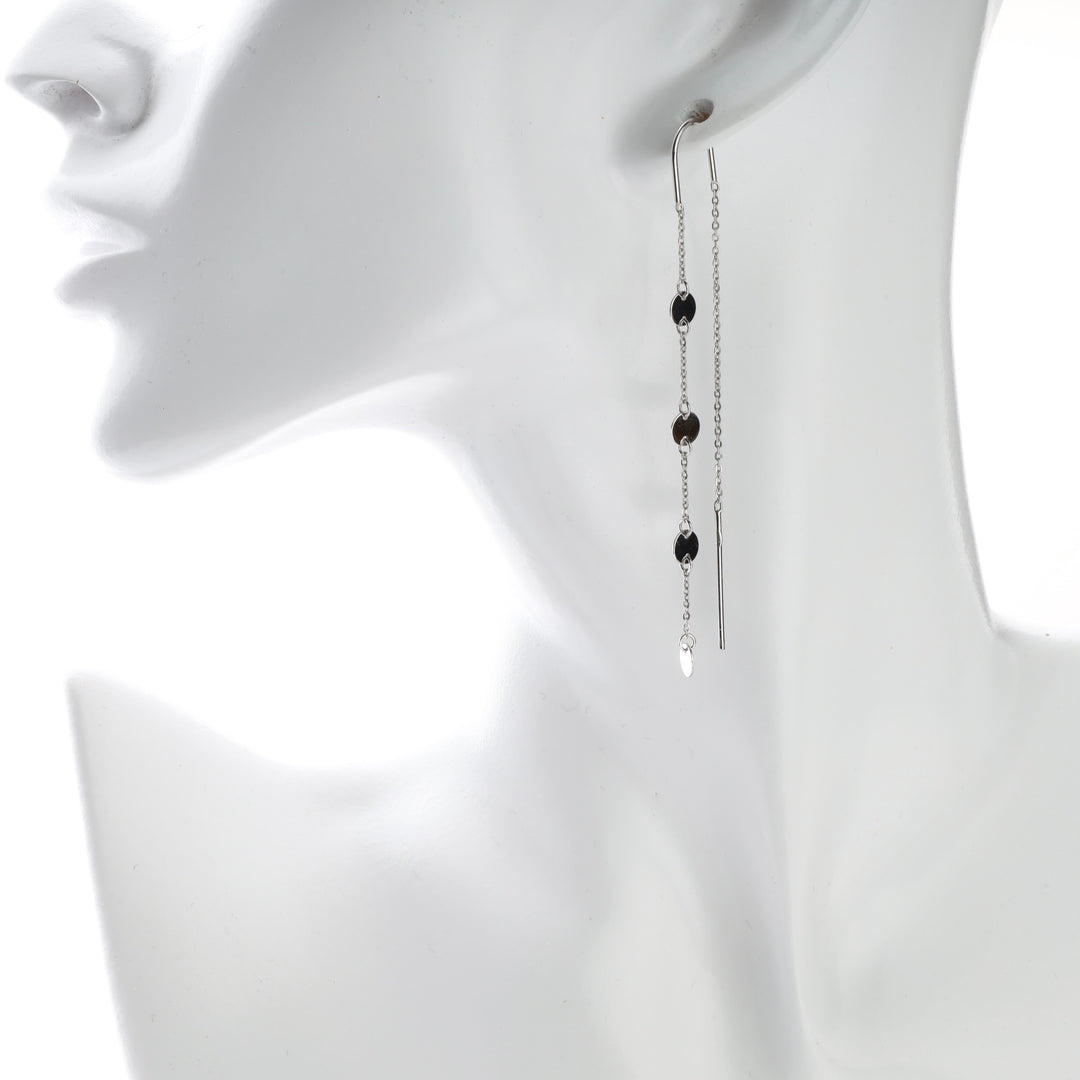Two-tone disc drop threader earrings 14K white gold 585 Ukrainian Jewelry