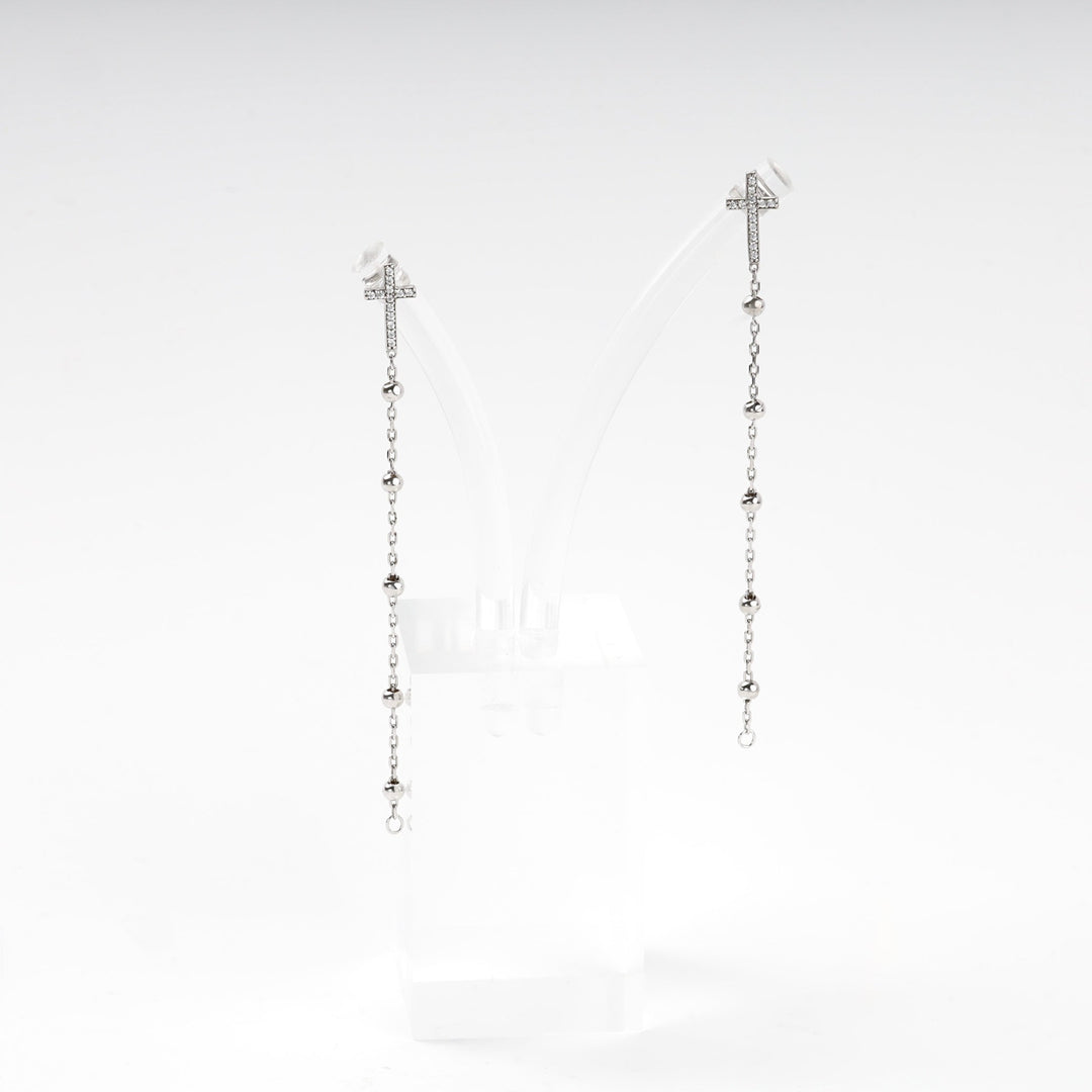 Silver 925 Cross Drop Earrings with Cubic Zirconia and Beaded Chain | Ukrainian Jewelry