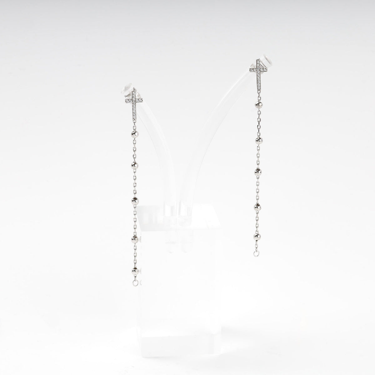 Silver 925 Cross Drop Earrings with Cubic Zirconia and Beaded Chain | Ukrainian Jewelry