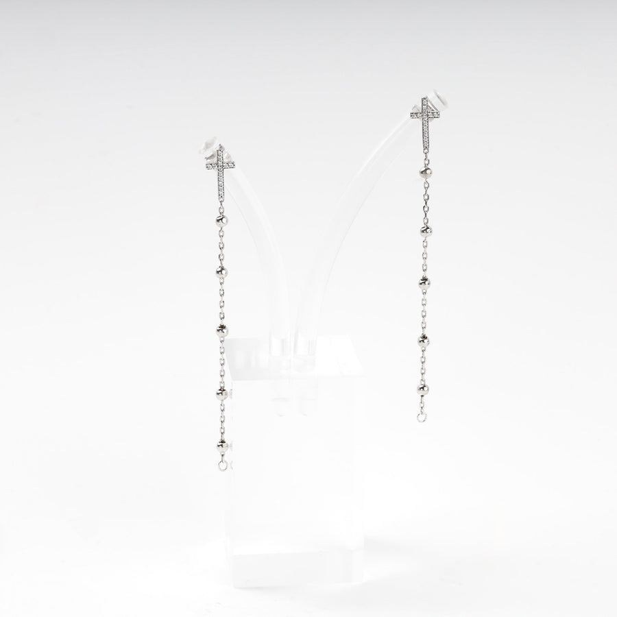 Silver 925 Cross Drop Earrings with Cubic Zirconia and Beaded Chain | Ukrainian Jewelry