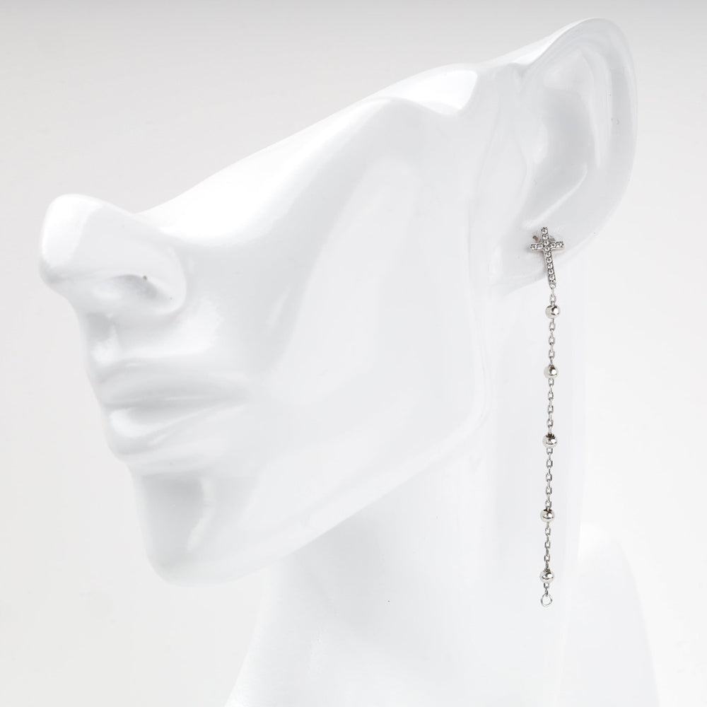Silver 925 Cross Drop Earrings with Cubic Zirconia and Beaded Chain | Ukrainian Jewelry