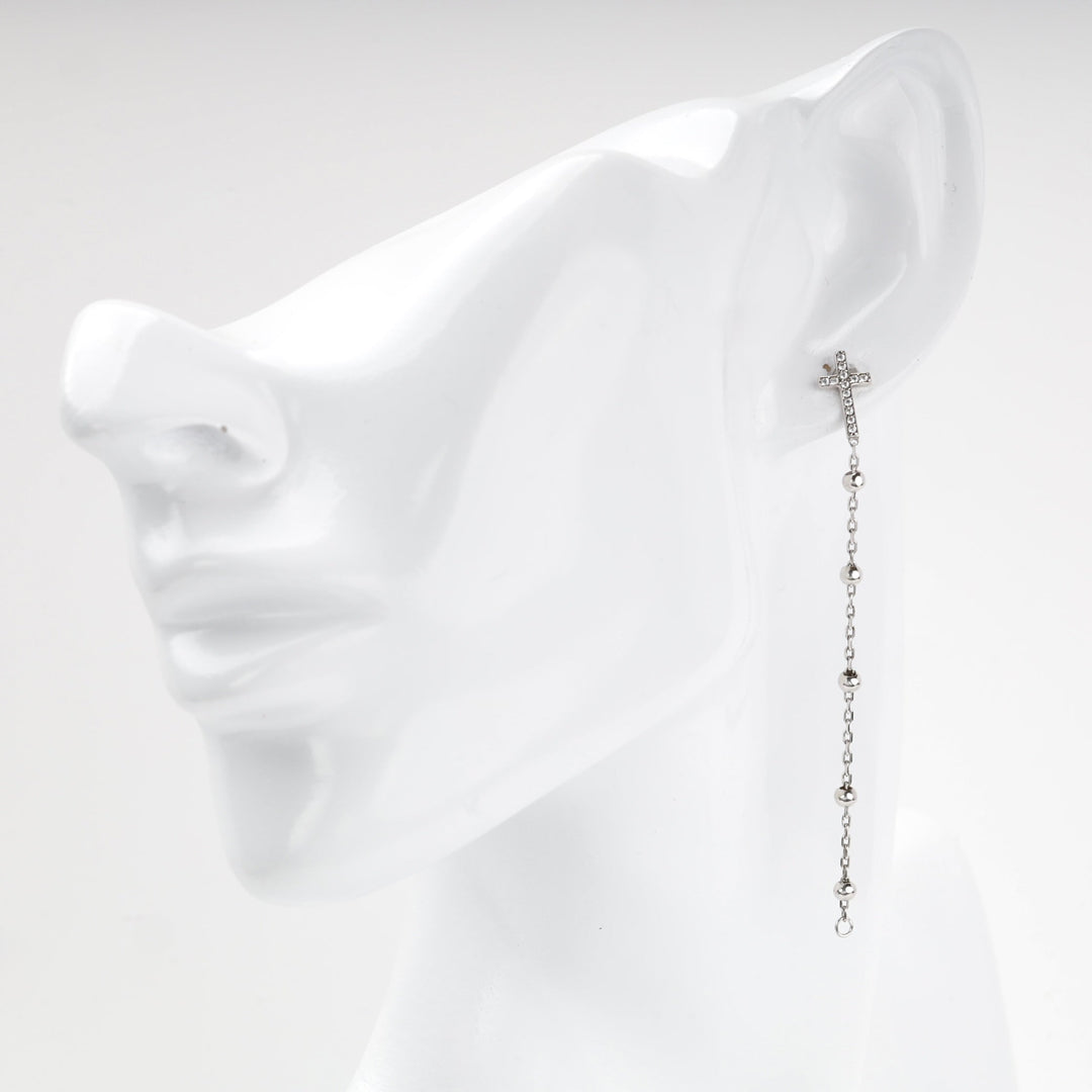 Silver 925 Cross Drop Earrings with Cubic Zirconia and Beaded Chain | Ukrainian Jewelry