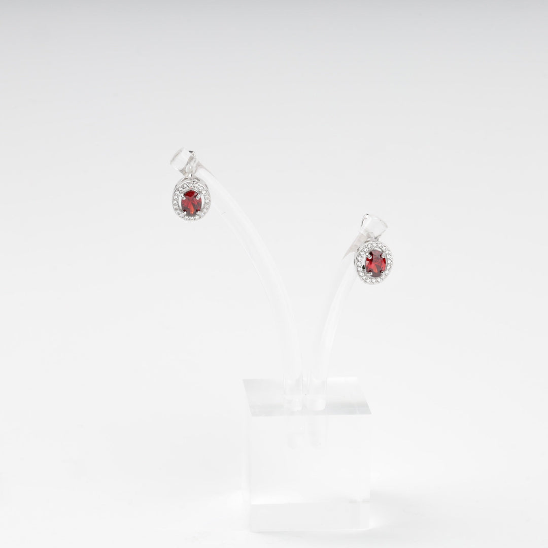 Silver 925 Round Halo Earrings with Red Cubic Zirconia | Ukrainian Jewelry