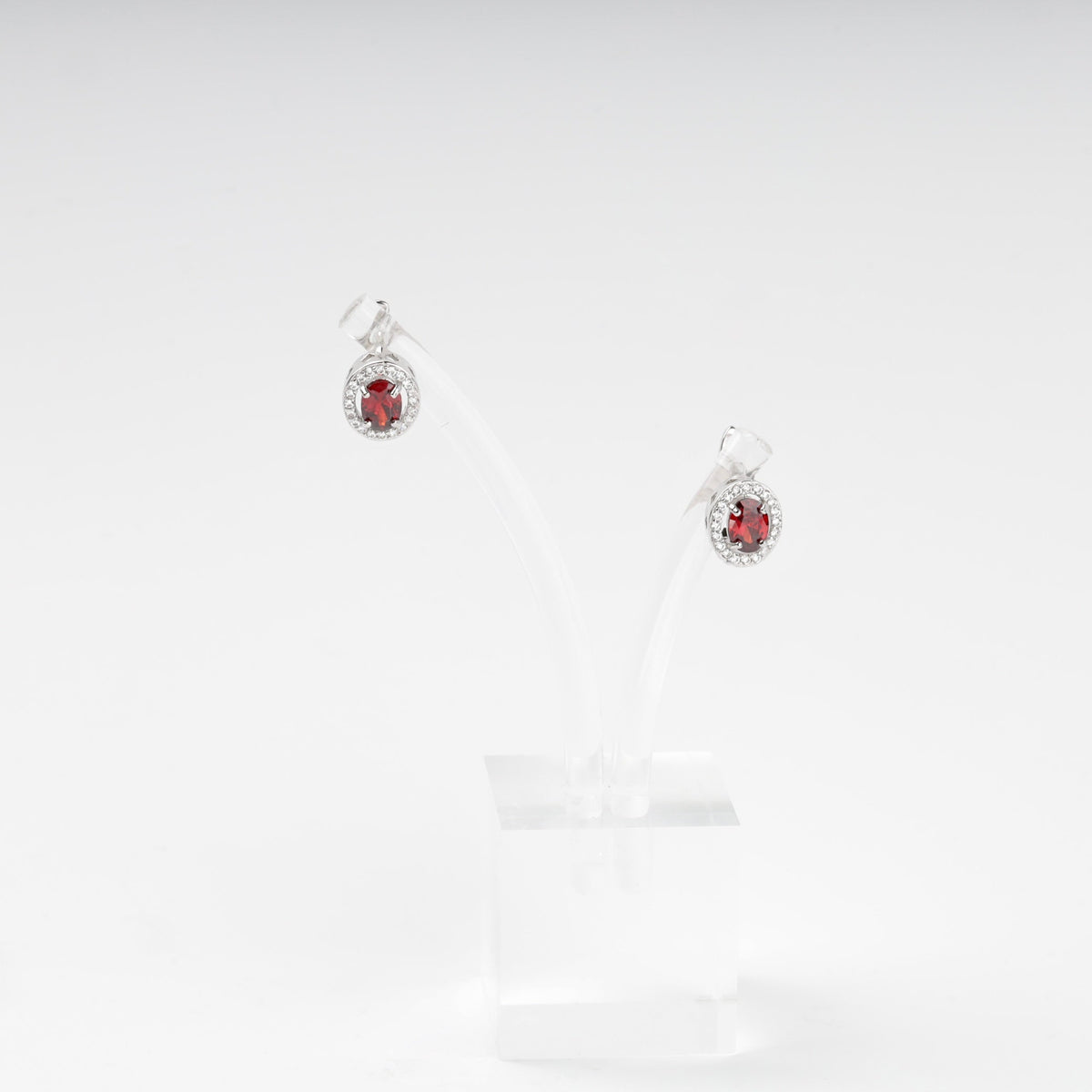 Silver 925 Round Halo Earrings with Red Cubic Zirconia | Ukrainian Jewelry