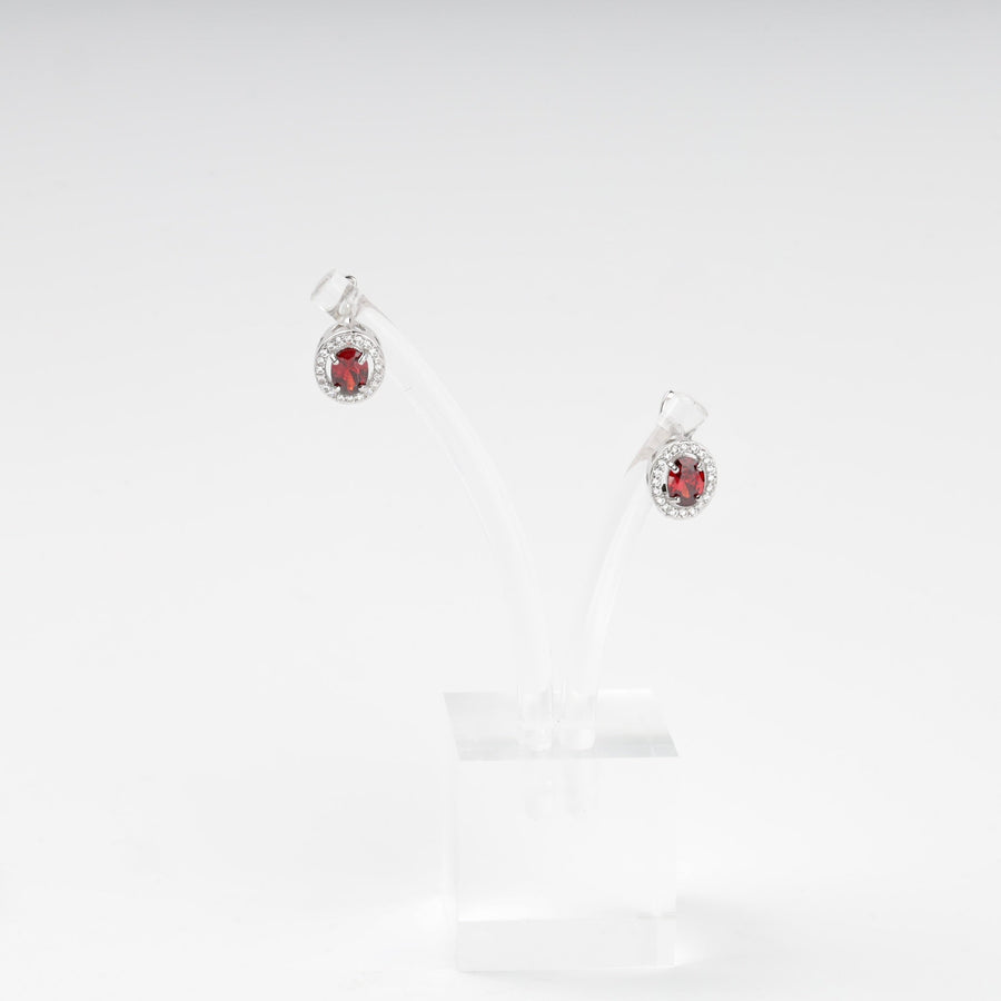 Silver 925 Round Halo Earrings with Red Cubic Zirconia | Ukrainian Jewelry