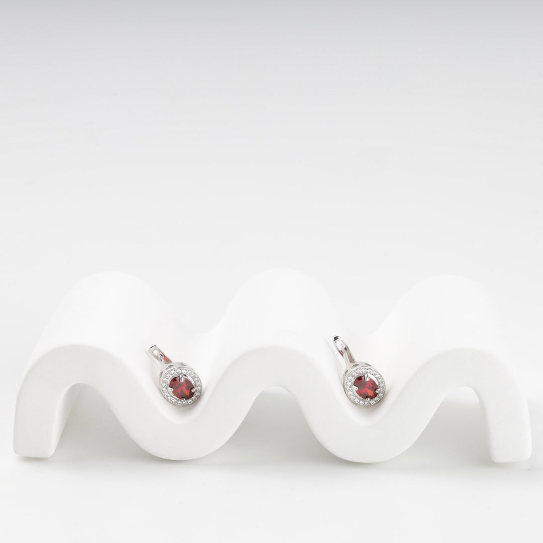 Silver 925 Round Halo Earrings with Red Cubic Zirconia | Ukrainian Jewelry