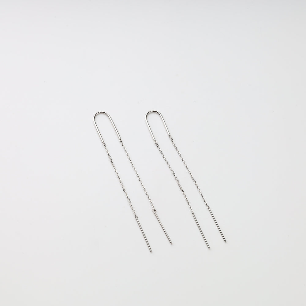 White gold bar threader earrings side view Ukrainian Jewelry