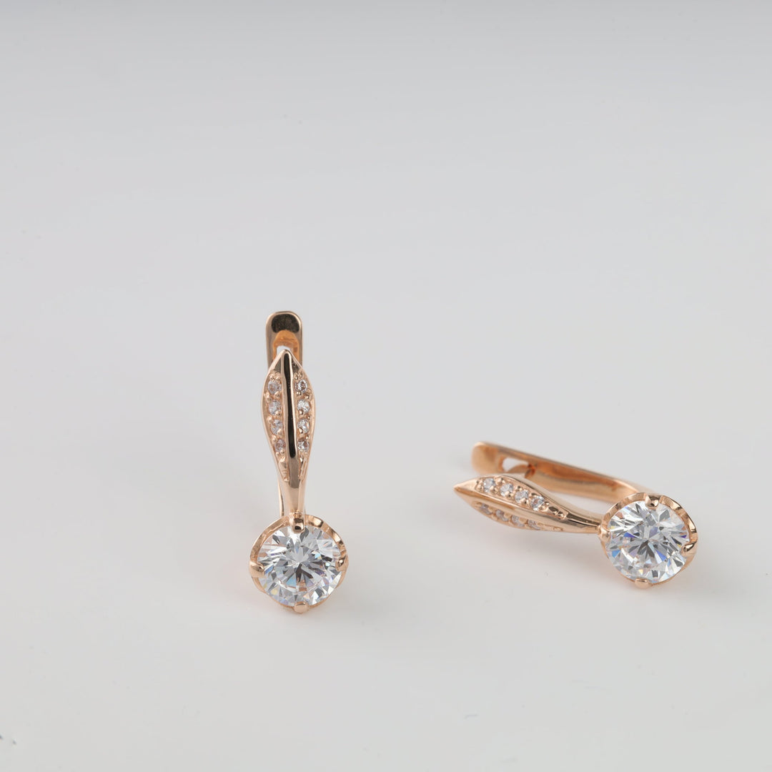 Rose Gold 585 Earrings with Solitaire and Pavé Cubic Zirconia | Ukrainian Jewelry
