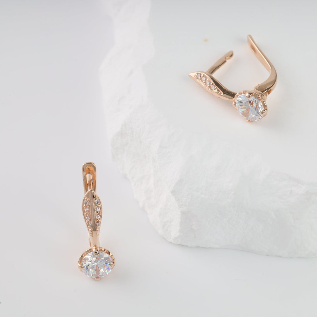 Rose Gold 585 Earrings with Solitaire and Pavé Cubic Zirconia | Ukrainian Jewelry