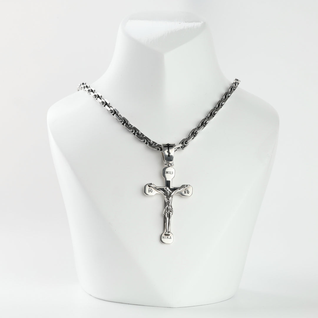 Silver 925 Orthodox crucifix pendant with black enamel on a silver chain