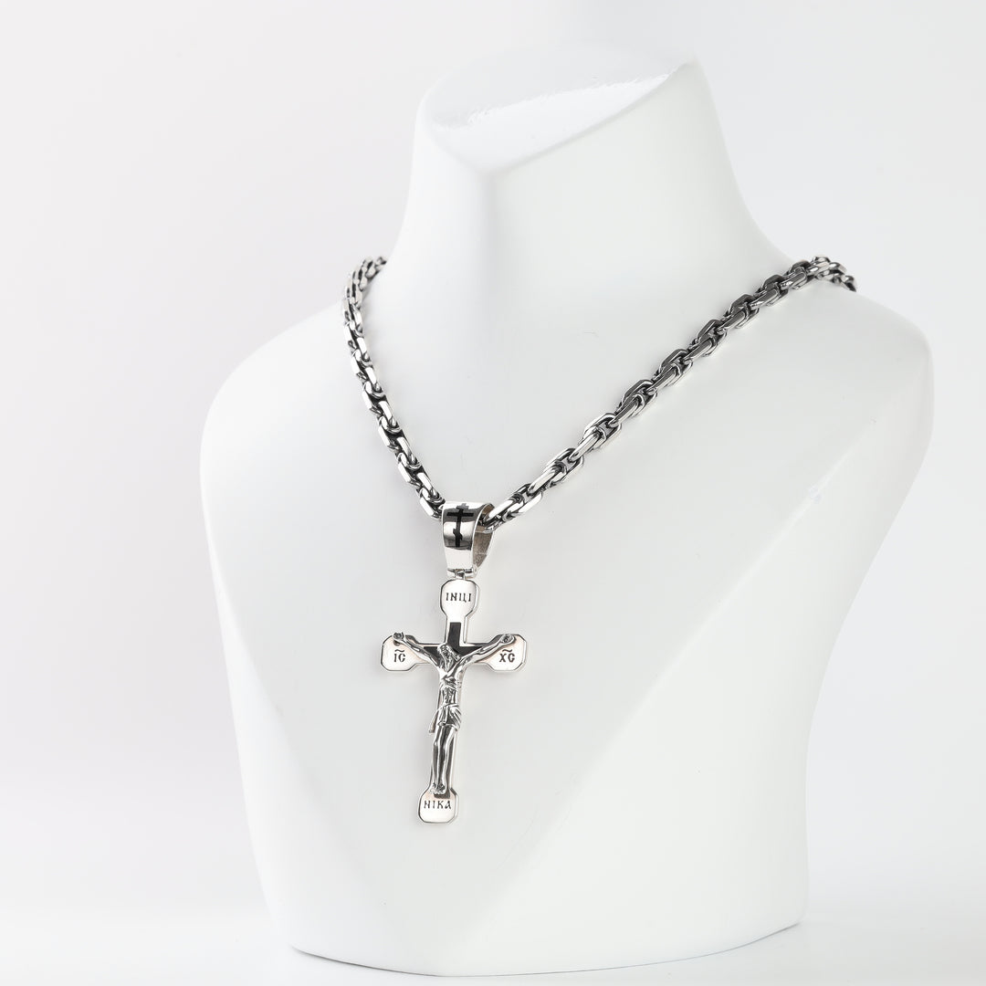 Silver 925 crucifix cross pendant with INRI plaque and three-bar cross bail