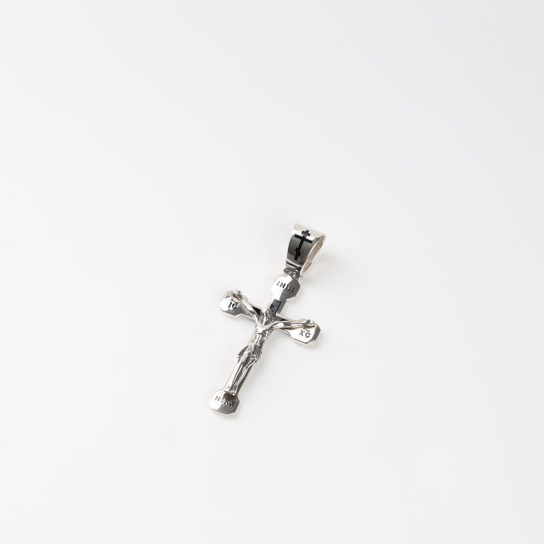 Rhodium-plated silver Orthodox crucifix pendant, detail