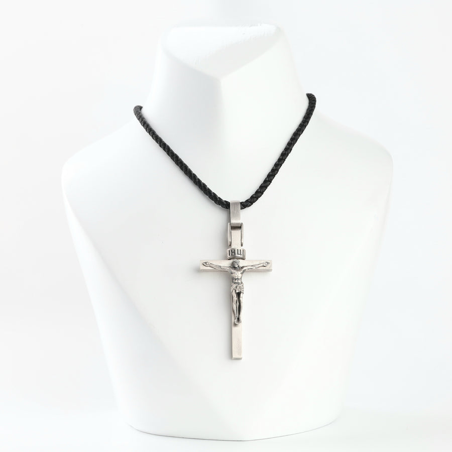 Silver 925 crucifix cross pendant with INRI plaque on a black cord