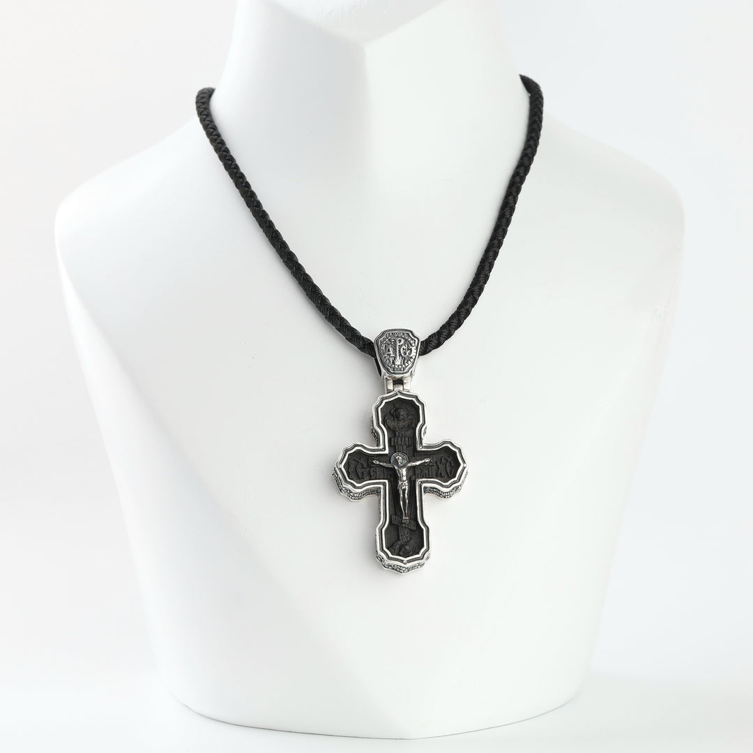 Silver 925 and ebony wood Orthodox cross pendant with crucifix on a black cord