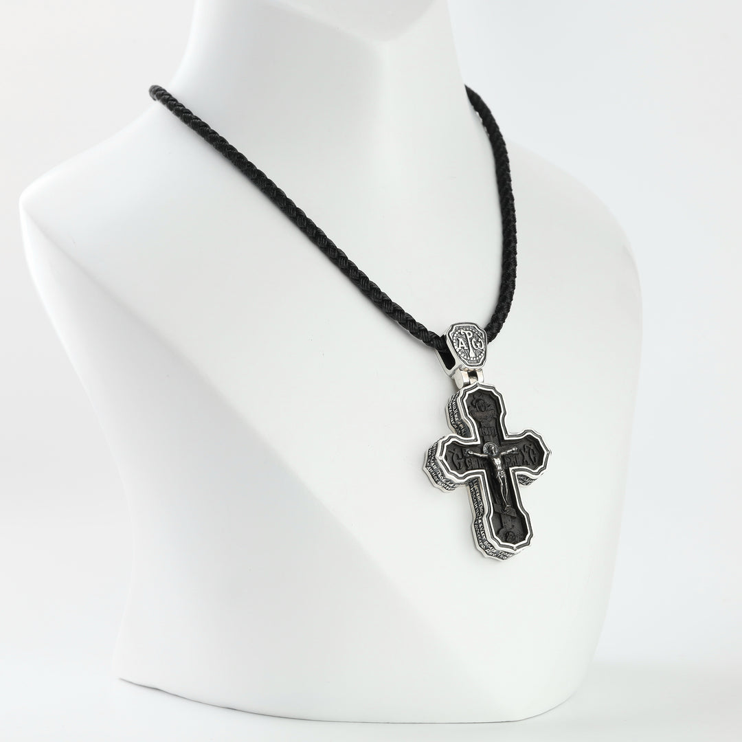 Ebony wood cross with sterling silver 925 crucifix and openwork border