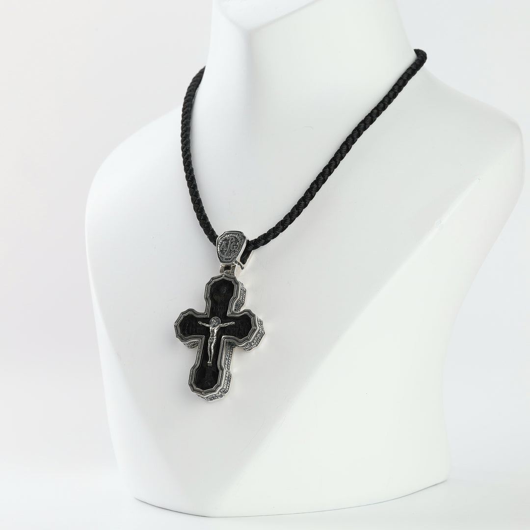Orthodox cross pendant with ebony core and rhodium-plated silver frame, front view