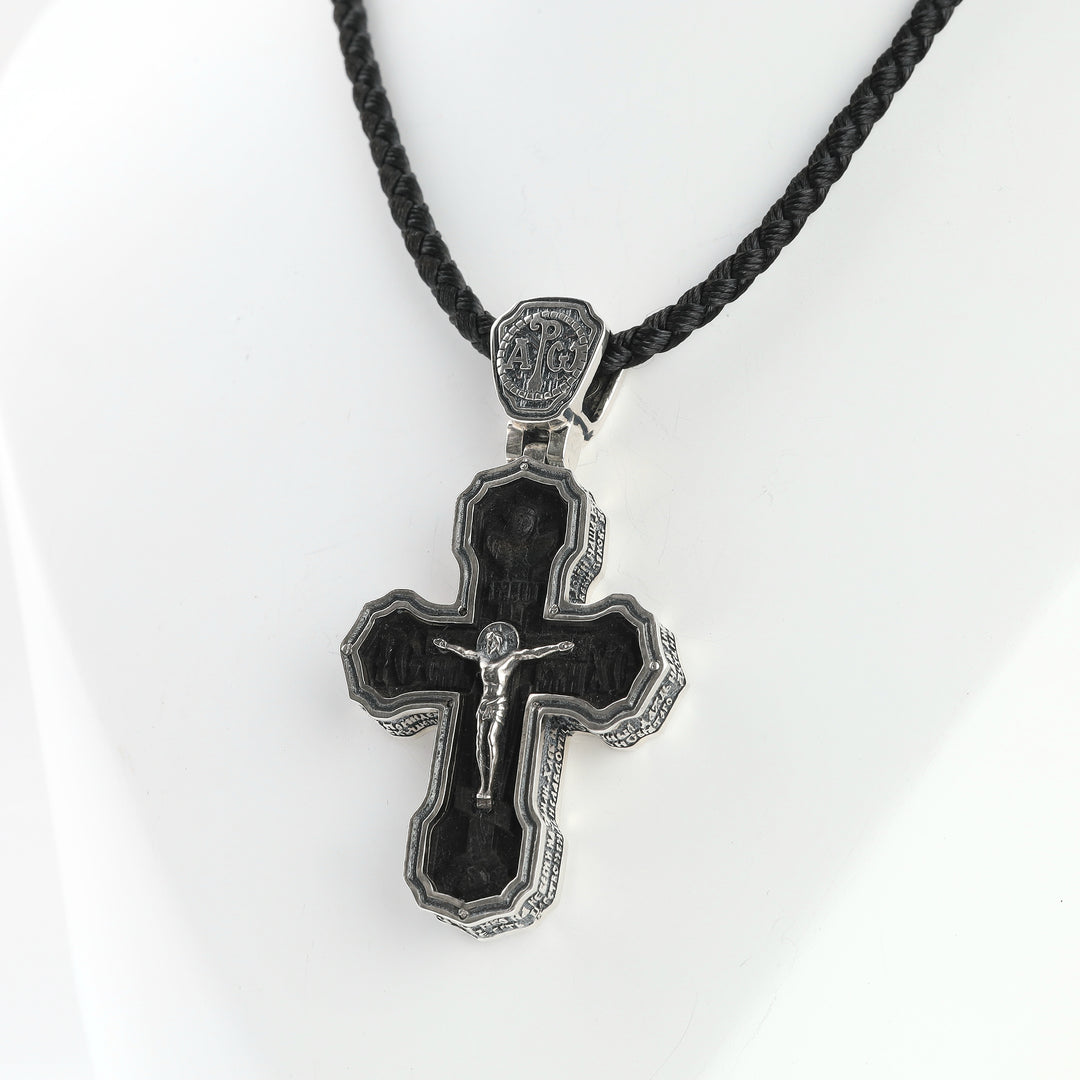 Rhodium-plated silver 925 cross pendant with ebony wood core