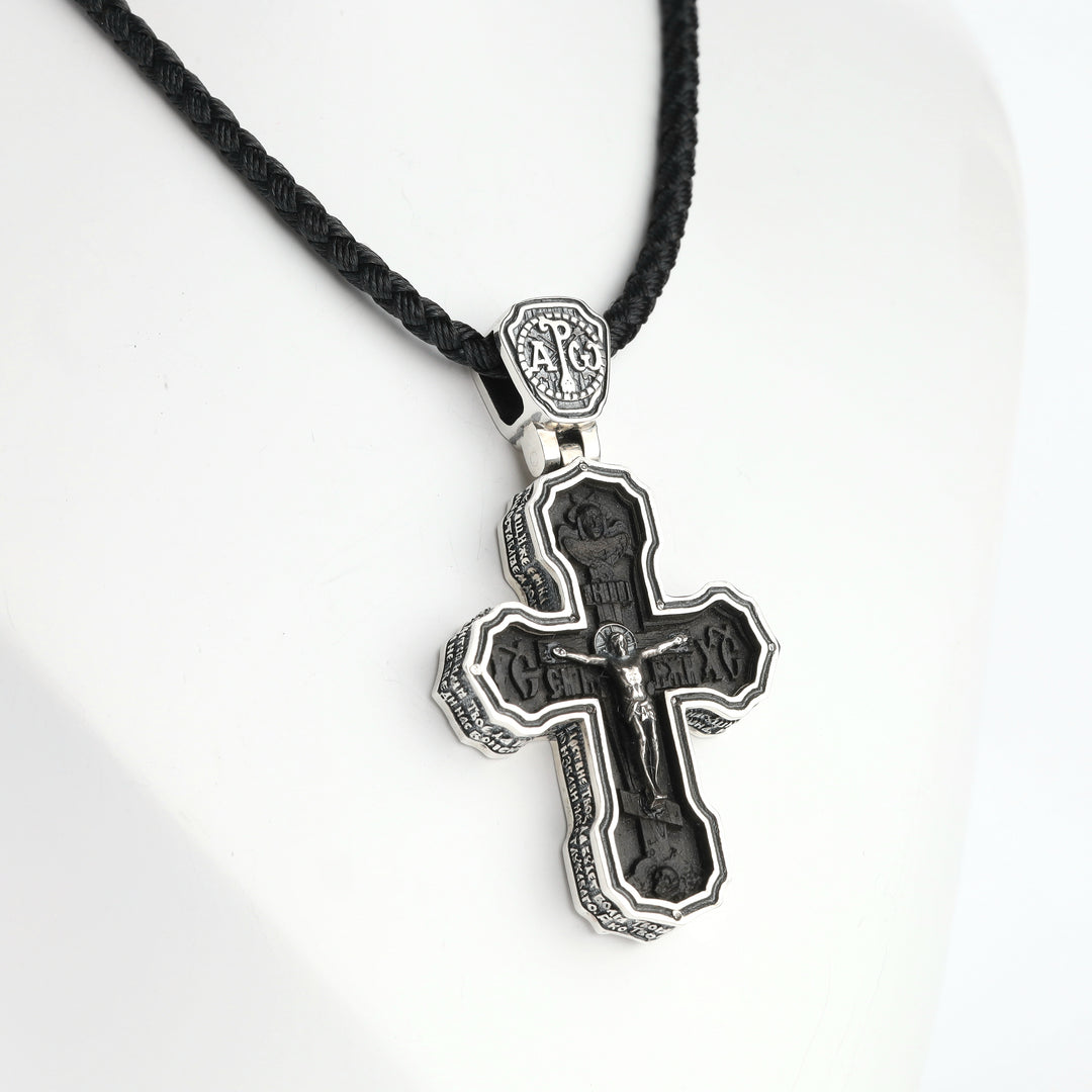 Silver and ebony Orthodox crucifix pendant with ornate bail