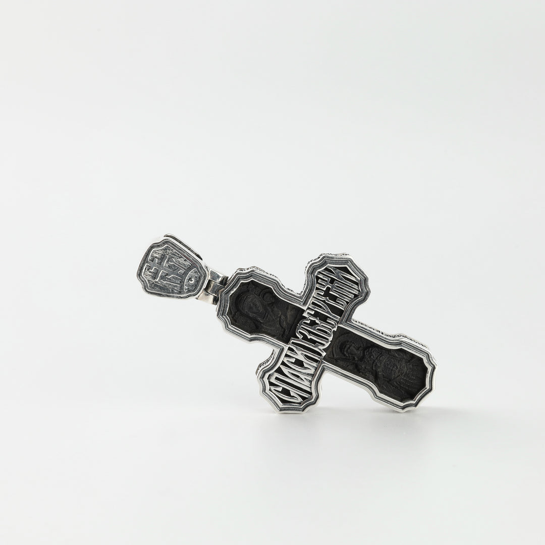 Ebony wood and silver 925 Orthodox crucifix pendant close-up