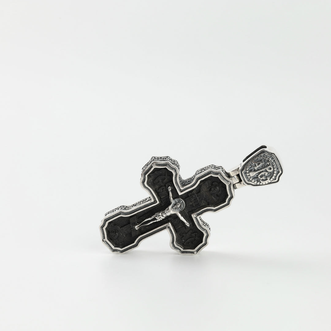 Silver and ebony wood Orthodox cross pendant, detail view